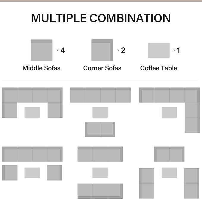 LAUSAINT HOME Outdoor Patio Furniture, 7 Pieces Outdoor Sectional PE Rattan Wicker Patio Furniture Sets, All Weather Garden Conversation Seat with Cushion and Glass Coffee Side Table (Grey)