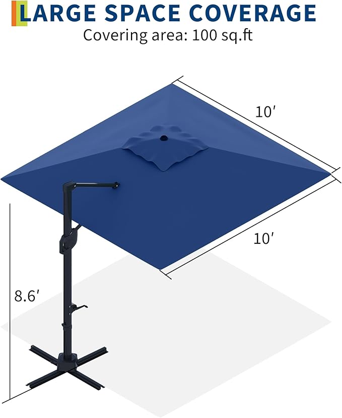 Garvee 10' x 10' Heavy Duty Square Cantilever Umbrella, Aluminum Offset Outdoor Patio Umbrella with 360-Degree Rotation for Backyard, Deck, Pool