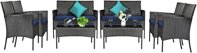 Tangkula 8 Piece Patio Furniture Set, Outdoor Wicker Conversation Set with Tempered Glass Coffee Table, Rattan Loveseat & Chairs Set with Seat Cushions for Backyard, Garden, Poolside (2, Navy)