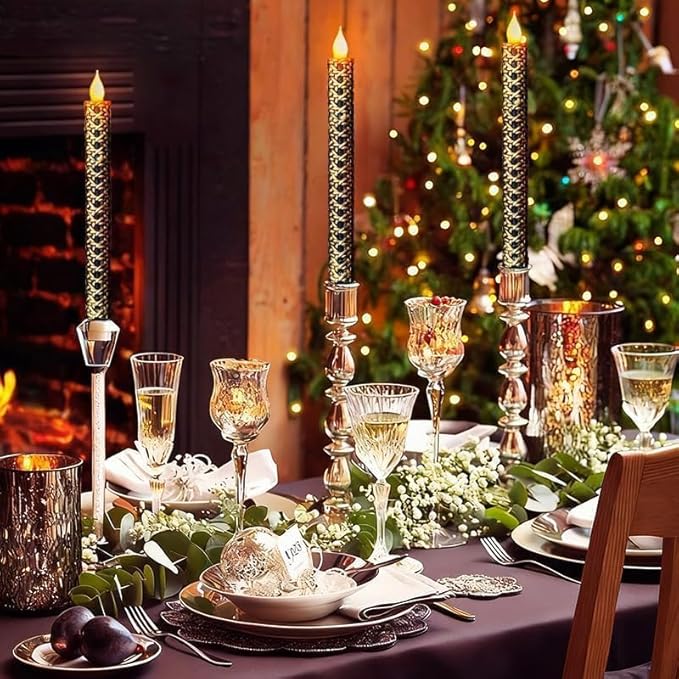 6 Pcs Black and Gold Flameless Taper Candles - 9.65 Inch Battery Operated LED Candlesticks with Flickering Flame for Elegant Table, Wedding & Home Decor