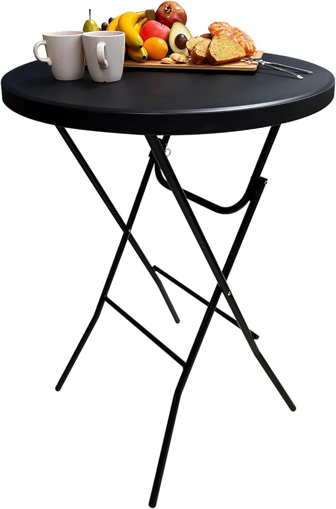 32in Cocktail Table, Plastic Folding Round High Top Indoor Outdoor Use, Foldable Bar Height Table for Parties and Commercial Events (Black)