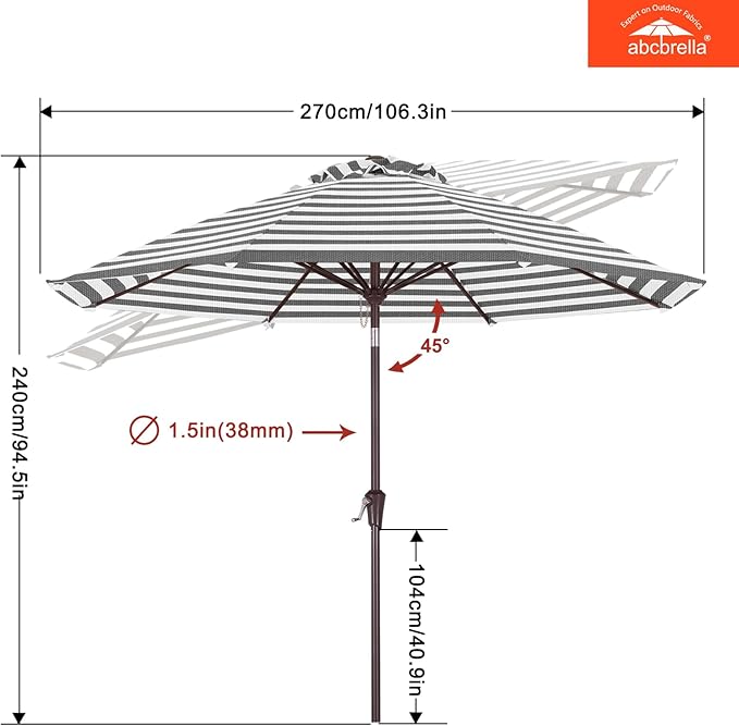 ABCCANOPY OLEFIN® 5-Year No Fading 9FT Patio Umbrella, Outdoor Table Umbrella with 8 Sturdy Ribs for Deck, Backyard, Yard (Gray Stripe)