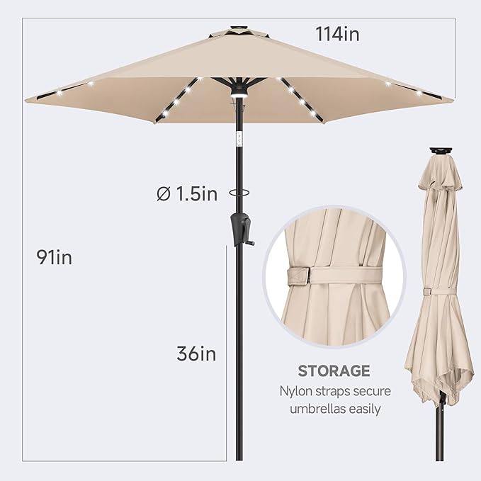 FLAME&SHADE 10ft Solar Outdoor Umbrella - 24 LED Lighted Patio Umbrella with Centre Surround Light, Table Umbrellas with Tilt & Crank for Pool, Porch, Garden, Deck, Backyard UV Protection (Beige)
