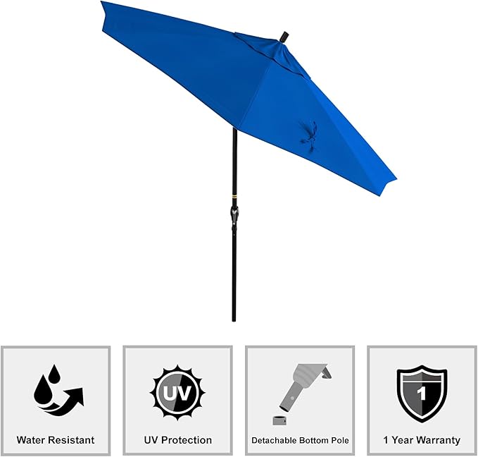 California Umbrella 9' Round Aluminum Market Umbrella, Crank Lift, Push Button Tilt, Black Pole, Royal Blue Olefin