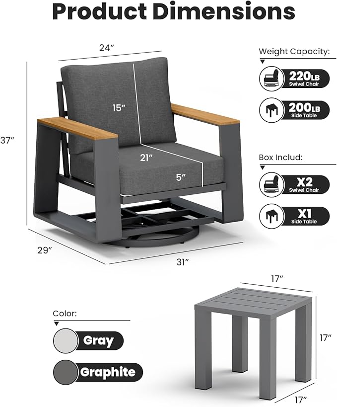 Aluminum Outdoor Patio Furniture Set, 5-Piece Patio Conversation Set with 5" Thick Cushions, Aluminum 360-Degree Large Outdoor Furntiure Set with Side Table and 5-Seat Sofa, Graphite