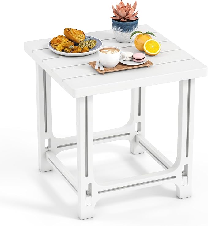 Tangkula Outdoor Adirondack Side Table, 18" Heavy Duty HDPE Patio End Table with Slatted Surface, 0-Screw Assembly, Easy Maintenance, Small Outdoor Side Table for Porch, Pool, Garden, Deck (White,1)