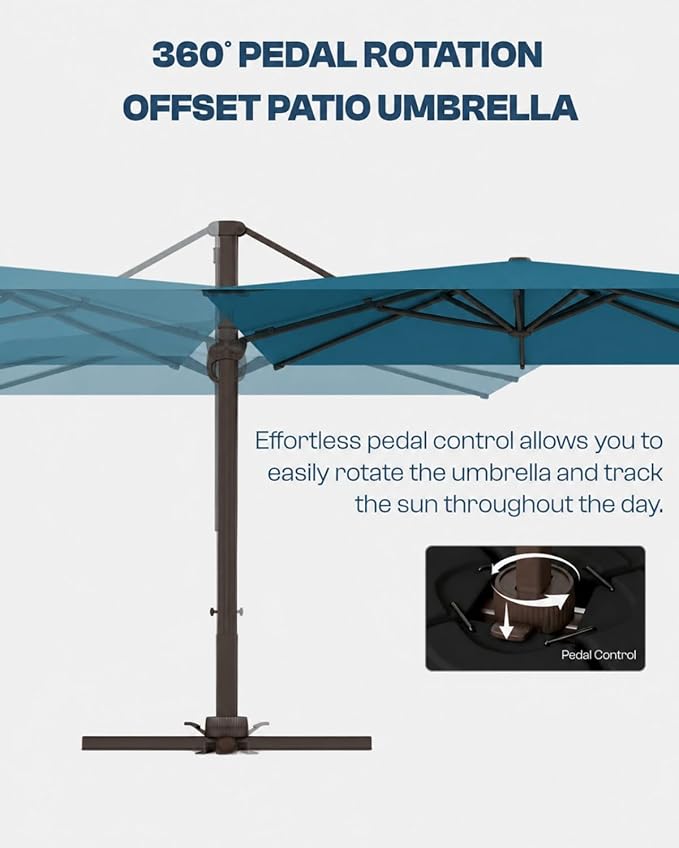 10'×10' Patio Umbrella, Aluminum Cantilever Umbrella with 360°Rotation, Offset Patio Umbrella with Easy Tilt Fade Resistance for Pool Deck Garden Backyard, Lagoon (Base not Included)