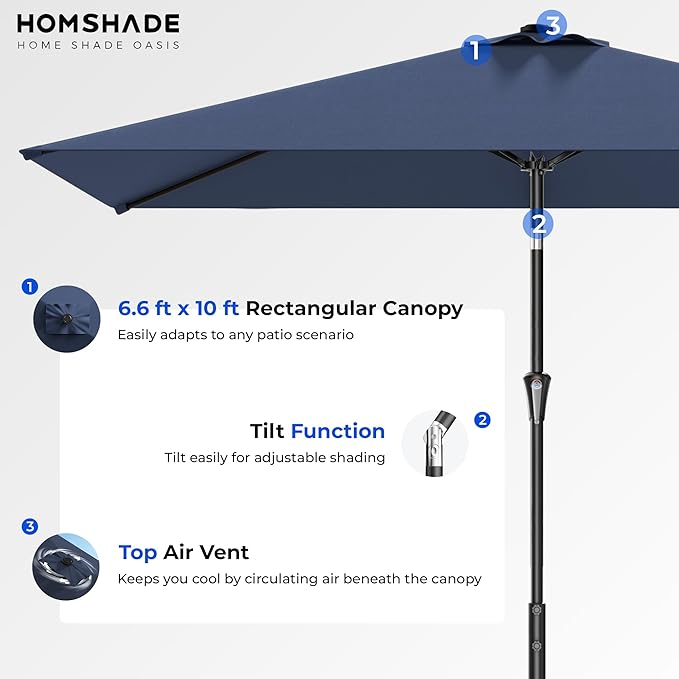 HOMSHADE 6.6 x 10 ft Rectangular Patio Umbrella Rectangle Umbrella Outdoor Patio, Large Outdoor Umbrellas for Patio Table with Tilting and Sun UV Protection for Pool, Deck, Market, Backyard