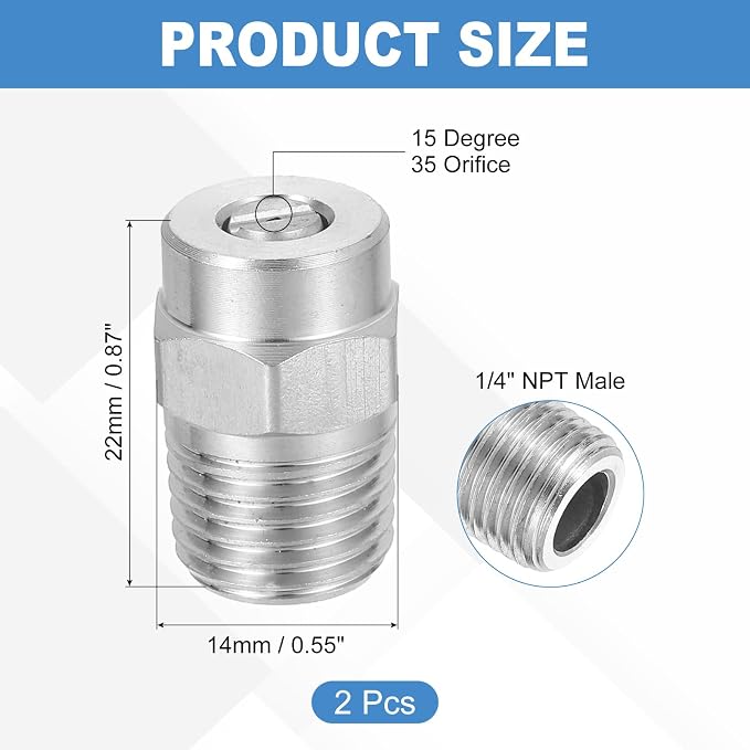 uxcell 2Pcs Pressure Washer Nozzle, Stainless Steel Thread Nozzles Tips, Universal Replacement for Undercarriage Cleaner Water Broom, 1/4 Inch NPT Male, 15 Degree 035 Orifice