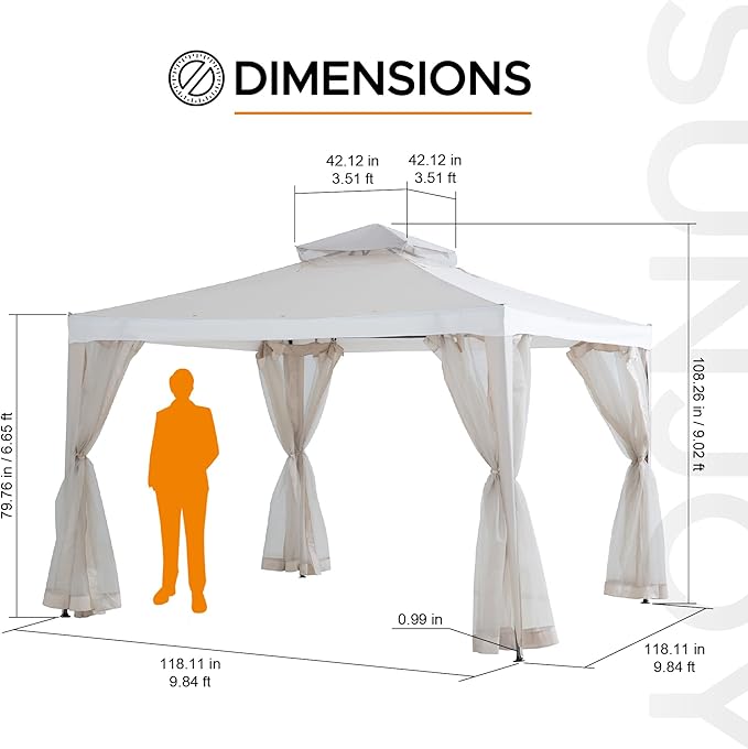 Sunjoy 10 x 10 ft. Soft Top Gazebo, Outdoor Patio Backyard Modern 2-Tier Steel Frame Gazebo with Mesh Netting - Beige & White