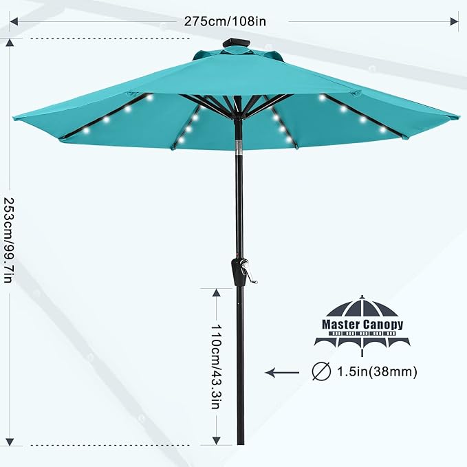 MASTERCANOPY 9FT 8Ribs Patio Umbrella with 32 Solar LED Lights, Outdoor Market Umbrella with Tilt & Crank, UV Protection & Fade Resistant Fabric, Easy Set-Up for Garden, Deck, Pool (Turquoise)