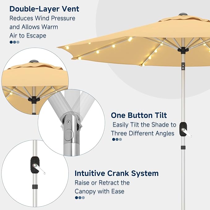 10FT 40-LED Solar Lighted Aluminum Patio Umbrella, Fade-Resistant Outdoor Market Table Umbrella with Push Button Tilt Function, 8 Sturdy All-Aluminum Ribs for Gardens, Decks, Backyards & Pools