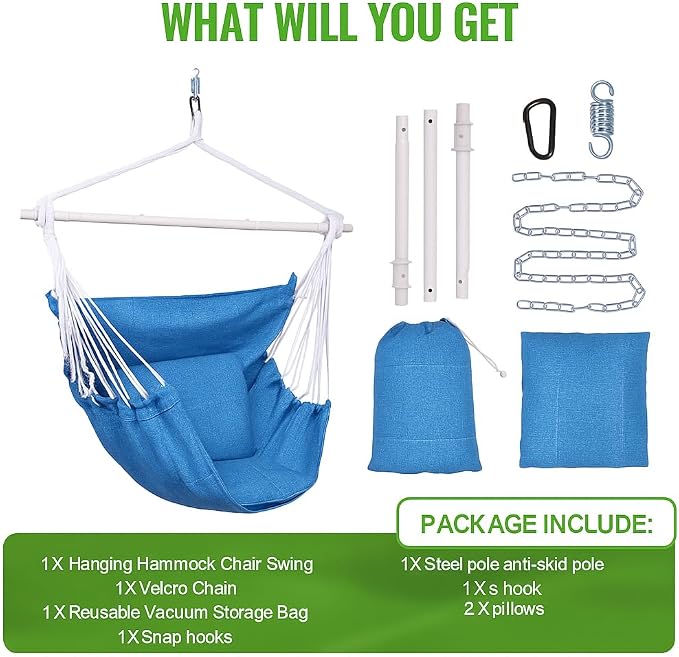 Backyard Expressions Hanging Hammock Chair Swing with Cushions & Hanging Kit – 500 lb Capacity, Cotton Blend Fabric, for Indoor/Outdoor Use – Includes Chain, Hooks & Spring – 5 Colors