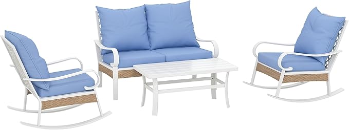 Outsunny 4 Piece Patio Furniture Set for Backyard, Lawn and Pool, Outdoor Conversation Set with Loveseat Sofa, Rocking Chairs, Coffee Table, Light Blue