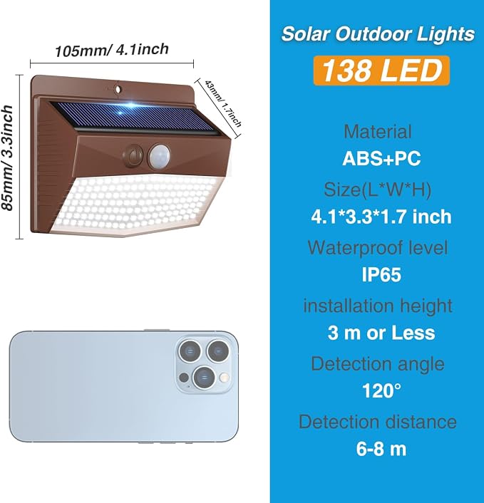 Solar Lights Outdoor Motion Sensor [10 Packs] Security Light with 3 Lighting Modes Wall Lights Waterproof Solar Powered Lights for Garden Fence Yard, Brown