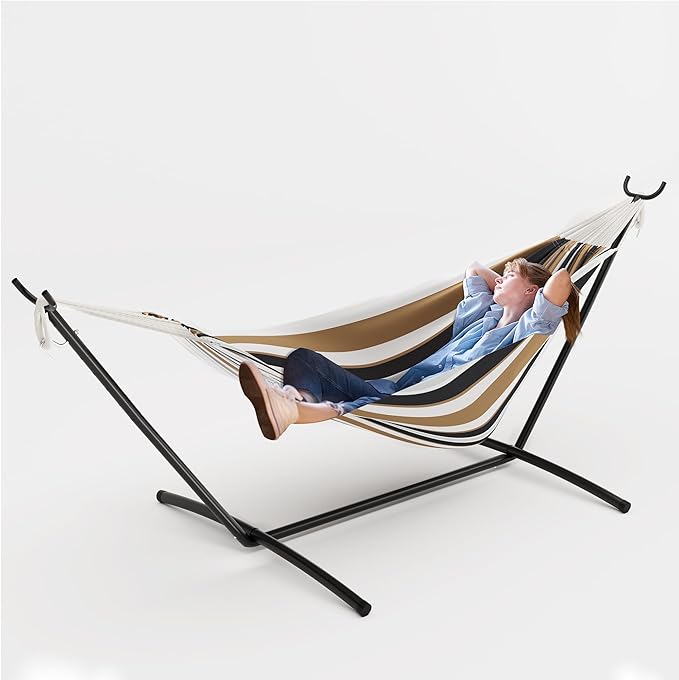 IDEALHOUSE 2 Person Double Hammock with Heavy Duty Steel Stand - 450lbs Capacity Cotton Bed - Portable & Space-Saving - Indoor Outdoor Patio Camping Garden - Includes Carry Bag - Brown