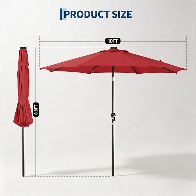 Garvee 10FT Patio Umbrella with 32 Solar LED Lights, Outdoor Table Market Umbrella with Tilt and Crank, 8 Sturdy Iron Ribs Sun Shade for Garden, Deck, Backyard and Pool, Red