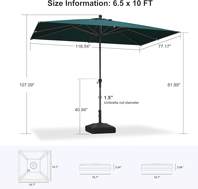 PURPLE LEAF 10' x 6.5' Rectangle Patio Market Umbrella with Base Outdoor Table Umbrellas Aluminum Frame Sun Shade with 8 Sturdy Ribs Tilt for Garden Deck Lawn Pool Green