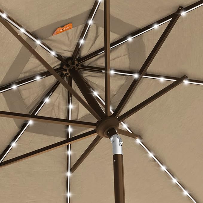 EliteShade USA 10-Year-Non-Fading 9ft 3-Tier Market Patio Umbrella, Commercial Table Umbrella with 80 Solar LED Lights, Crank Open, Windproof & UPF 50+ UV Protection for Garden, Deck, Pool, Backyard, Heather Beige