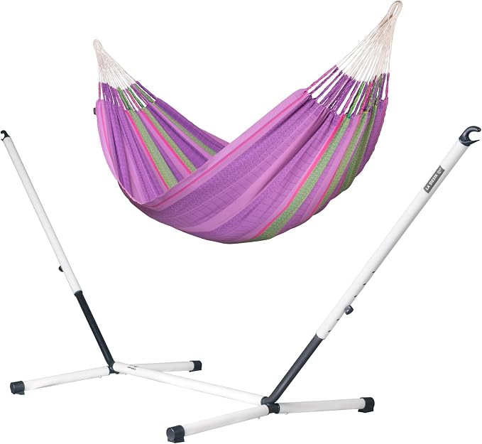 LA SIESTA® Flora Classic Cotton Hammock & Nautico Stand - Indoor Outdoor Hammock with Stand - Portable Hammock with Stand for Outside Patio, Large Hammock w/Steel Stand - Max 440 Lbs, King, Blossom