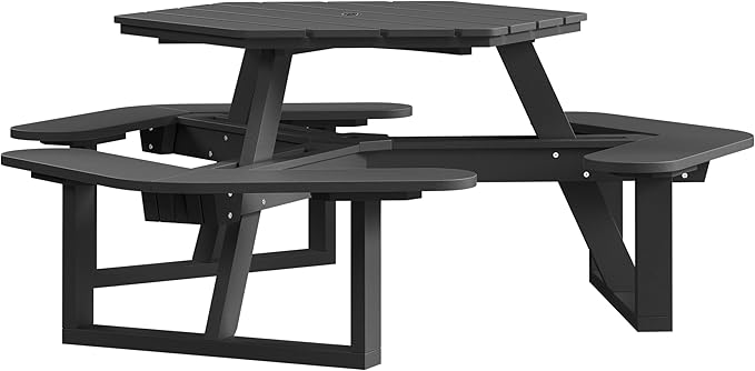 Shoreline Made in USA Hexagon Picnic Table, Seating for 6, Black Sand