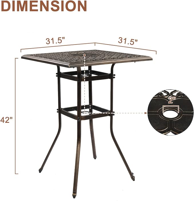 VINGLI Outdoor Bar Table, Sqaure Bar Height Patio Table with Umbrella Hole, Cast Aluminum Tall Outdoor Table Bistro Table Outdoor Furniture Garden Table