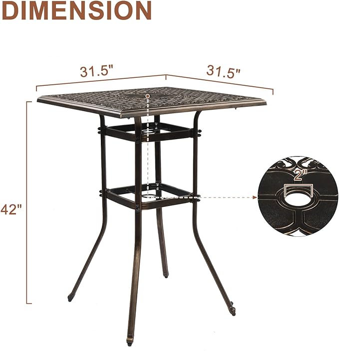 31.5" Outdoor Bar Table Bar Height Patio Table with 2" Umbrella Hole, Outdoor Cast Aluminum Tall Conversation Tables for Backyard, Garden, Patio, Porch (Bronze)