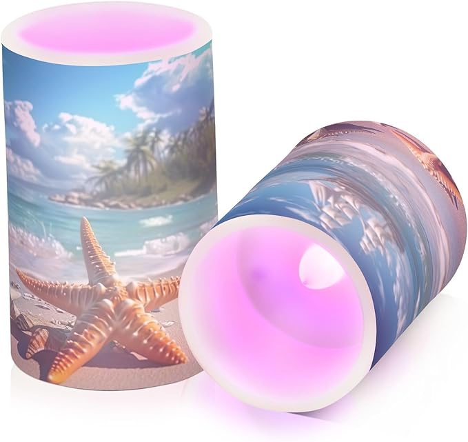 Starfish Pattern on Seaside Beach Flameless Candles Color Changing LED Candles with Remote Control Battery Candles for Outdoor and Indoor Home and Room Decoration, 3'' x 4''/5'' Set of 2 Pieces