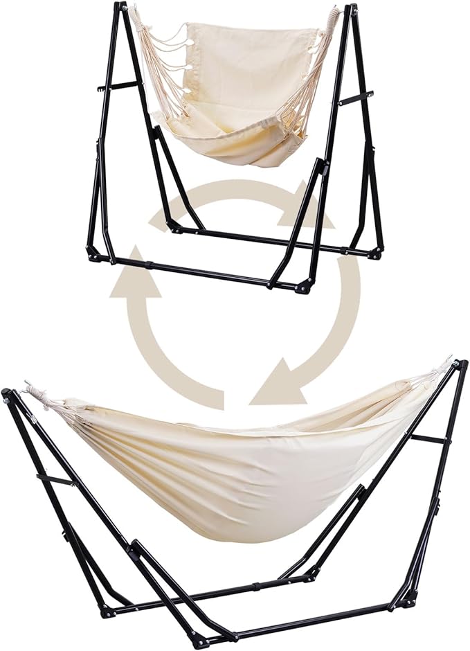 2 in 1 Hammock with Stand, Outdoor Hammock Swing Chair with Portable Heavy Duty Stand, Multi-Functional Hammock Stand 480 lbs Weight Capacit-White