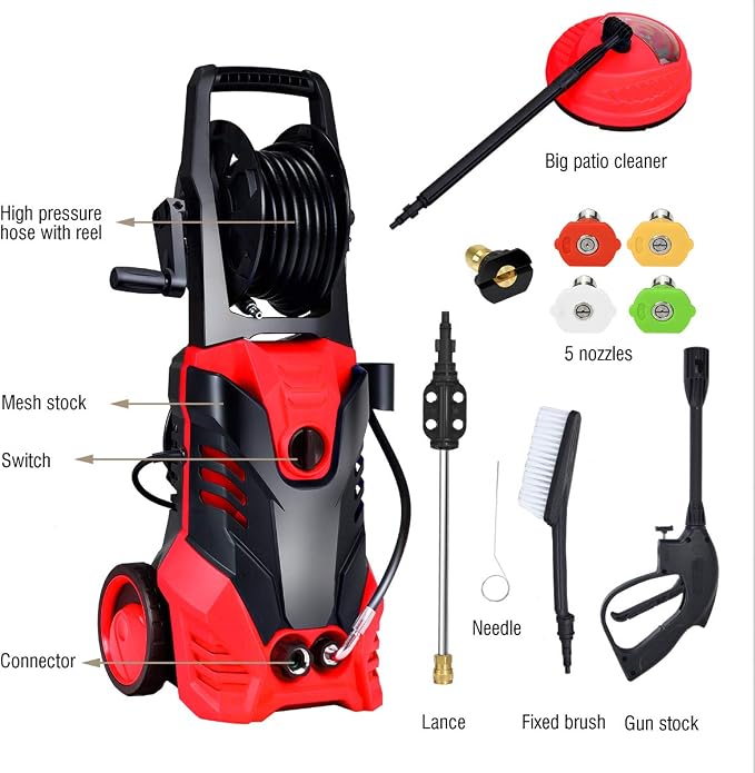 Goplus 3000PSI Electric Pressure Washer, Portable High Power Washer w/ 5 Nozzles, Hose Reel, Soap Bottle, 2 GPM 2000W (Red)
