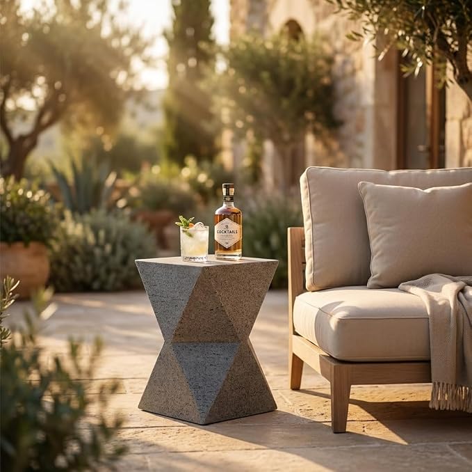 Outdoor Side Table – Lightweight Stone Patio Coffee Stand, Concrete End Table for Backyard, Balcony (Rhombus)