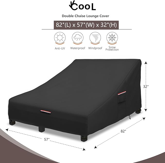 Okcool 100% Waterproof Patio Double Wide Chaise Lounge Chair Cover, 600D Tough Canvas 80 Inch Outdoor Chaise Lounge Covers,Black