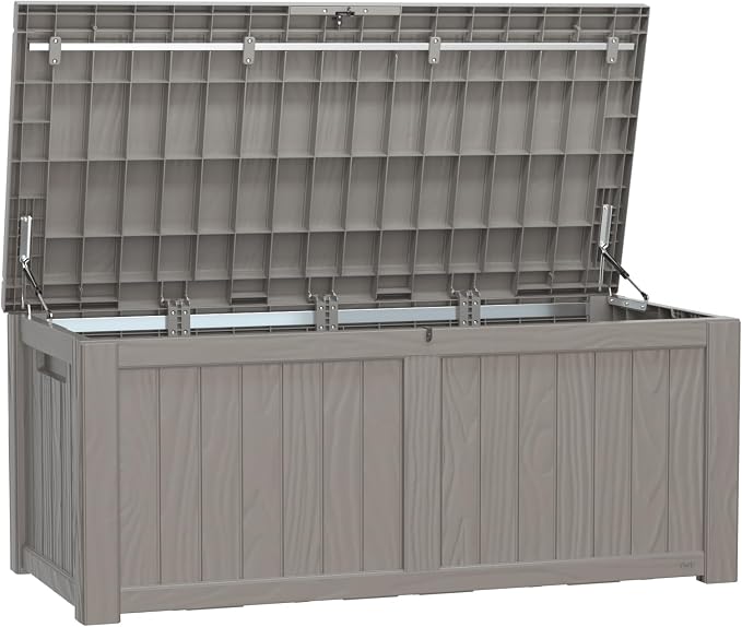 PatioZen 150 Gallon Deck Box,Resin Outdoor Storage Box with Lockable for Patio Furniture, Pool Accessories, Garden Tools Waterproof Outside Storage Box (Grey)