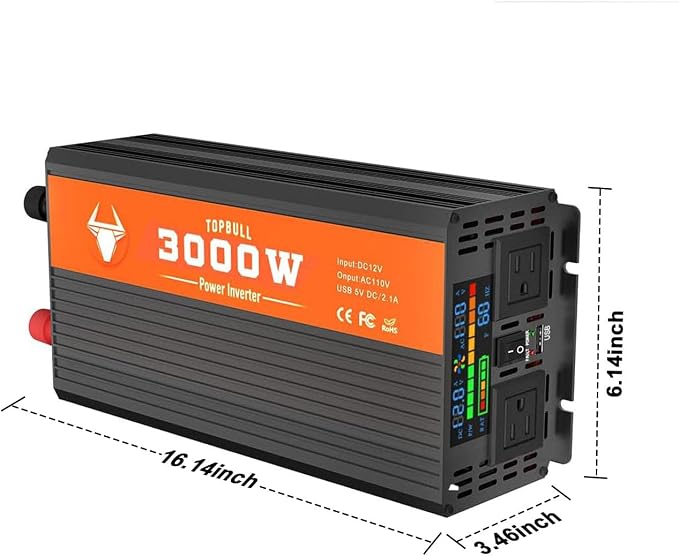 Power Inverter 3000 Watt, Car/Outdoor 12V DC to 110V AC Converter, with LED Display, Dual AC Outlets, USB Port, Dual Smart Fans, Cables Included, Suitable for RV, Outdoor, Camping, Boat, Emergency