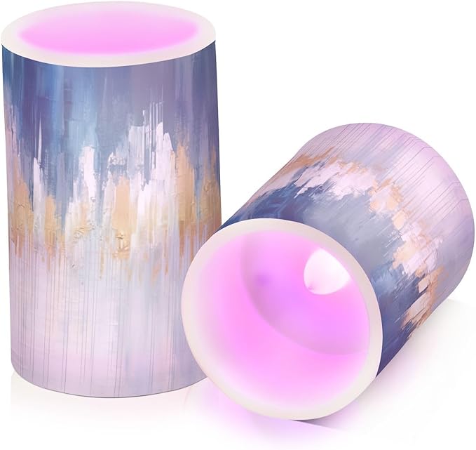 Abstract Oil Painting in Blue Flameless Candles Color Changing LED Candles with Remote Control Battery Candles for Outdoor and Indoor Home and Room Decoration, 3'' x 4''/5'' Set of 2 Pieces