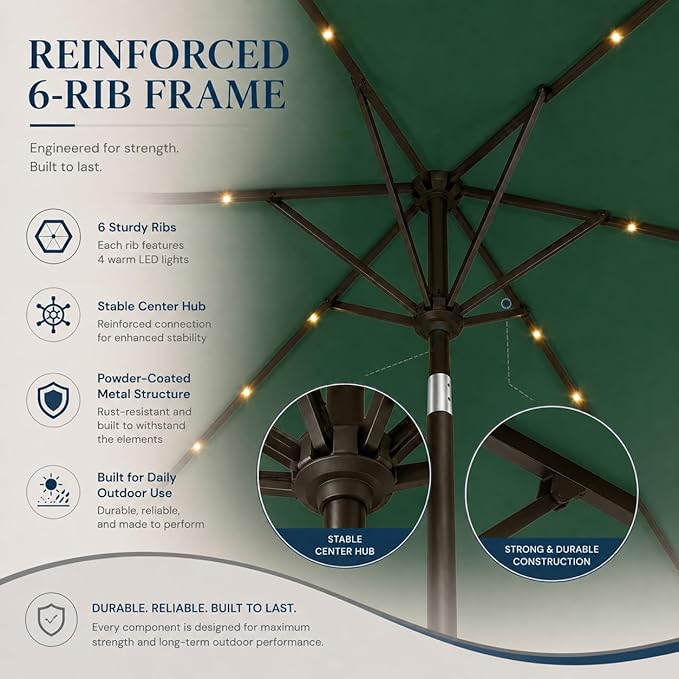 6.5 x 10ft Rectangular Patio Umbrella with Solar Lights, 16 LED Lighted Market Umbrella with Push-Button Tilt and Crank, 6 Sturdy Iron Ribs for Garden, Deck, Pool, Forest Green