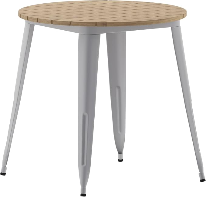 EMMA + OLIVER Drew Dining Table - Brown 30" Round Poly Resin Table Top - Silver Steel Base - All-Weather for Indoor/Outdoor Use