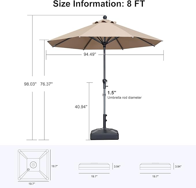 PURPLE LEAF 8' Round Patio Market Umbrella with Base Outdoor Table Umbrellas Aluminum Frame Sun Shade with 8 Sturdy Ribs Tilt for Garden Deck Lawn Pool Taupe