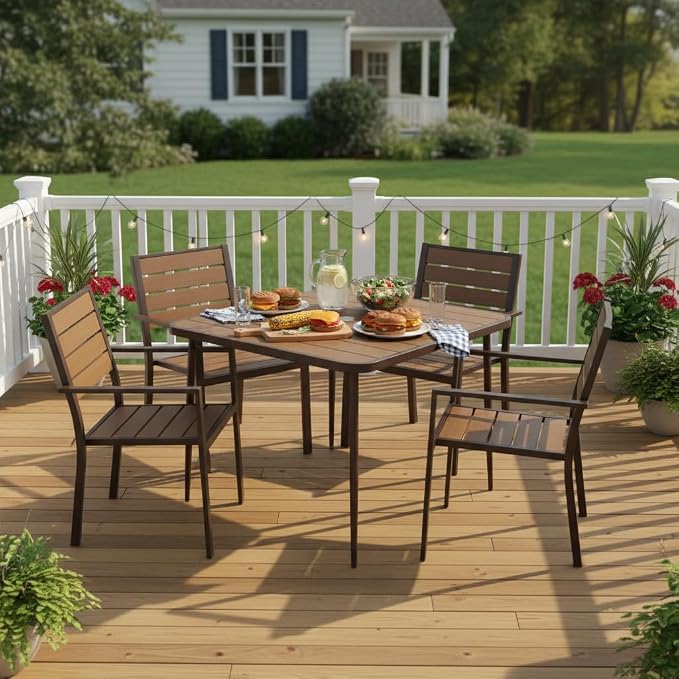 Tangkula 35-Inch Square Patio Dining Table, 4-Person Outdoor Dining Table with 2" Umbrella Hole, Wood-Plastic Tabletop & Metal Legs, Outside Table Bistro Table for Deck, Backyard, Garden, Poolside