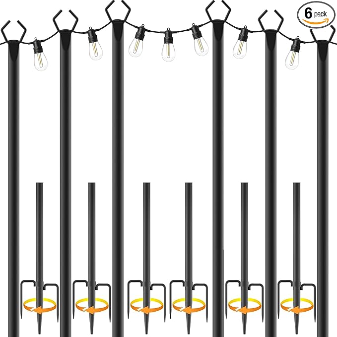 AILBTON 10Ft String Light Poles 6 Pack,Light Poles for Outside Lights,Outdoor with Fence Brackets Hanging Lights,Metal Stand Deck Patio Backyard