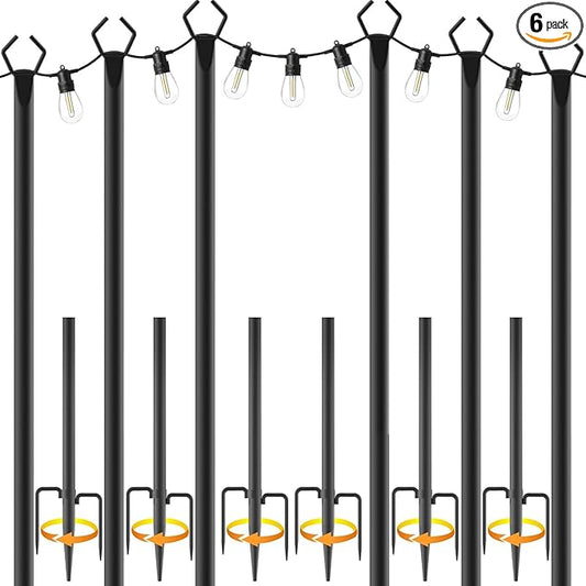 AILBTON 10Ft String Light Poles 6 Pack,Light Poles for Outside Lights,Outdoor with Fence Brackets Hanging Lights,Metal Stand Deck Patio Backyard