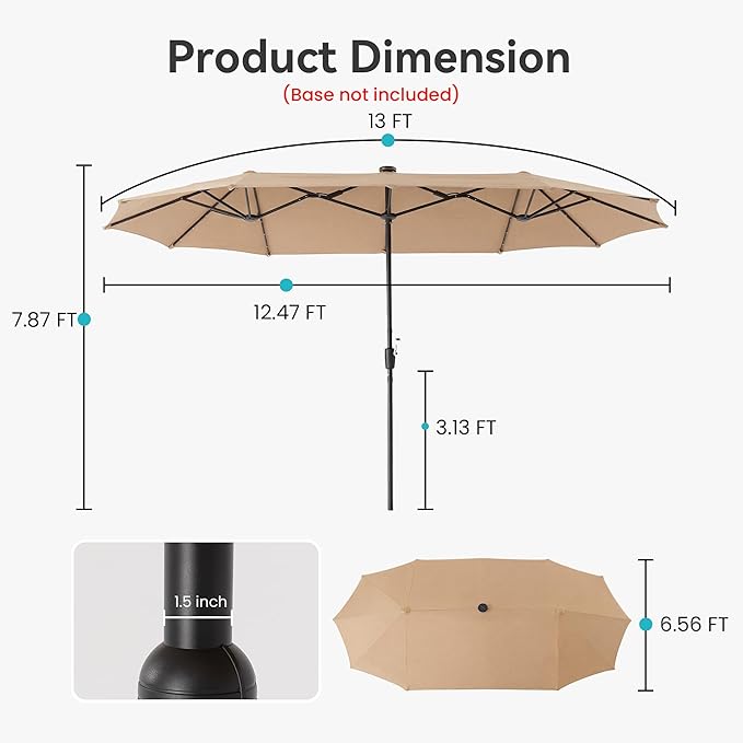 COSIEST 13FT Patio Umbrella with Solar Lights, Outdoor Double-Sided Table Umbrella,Large Rectangular Market Umbrella w Crank Handle for Garden, Pool, Deck Shade, Khaki