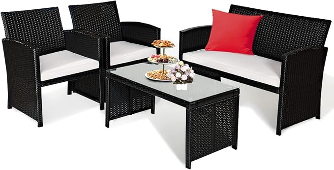 COSTWAY 4 Pieces Patio Rattan Furniture Set, Outdoor Wicker Conversation Set with Soft Cushions & Tempered Glass Coffee Table, Cushioned Chair Sofa for Backyard, Porch, Poolside, Lawn, Garden, White