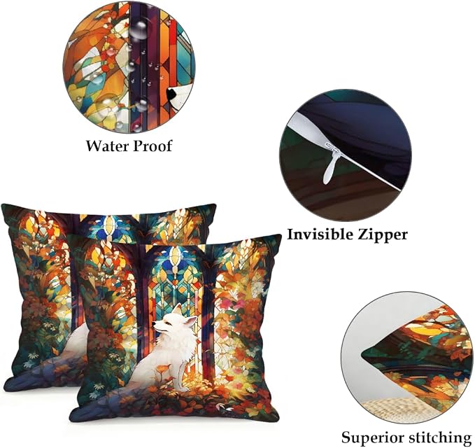 16x16 Inch Outdoor Pillow Covers Set of 2 Waterproof Throw Pillow Covers Decorative Couch Cushion Covers Art Fox Leaves Square Pillowcases Protectors for Patio Garden Sofa