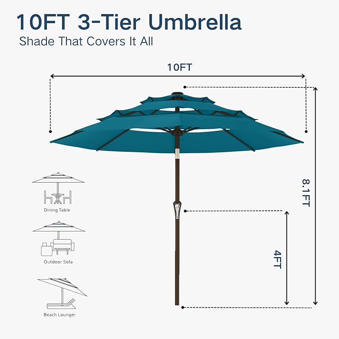 10FT Patio Umbrella 3 Tiers Outdoor Market Umbrella w/Push Button Tilt, Crank, UV and Waterproof Table Umbrella for Garden, Pool, Backyard, Deck, Lawn, Lake Blue