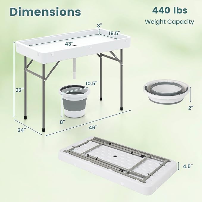 4 Foot Folding Ice Cooler Table, Portable Ice Tables for Parties with Drain, Detachable Matching Skirt & Foldable Bucket, Fill and Chill Table for Party, Picnic, Camping, Wedding, White