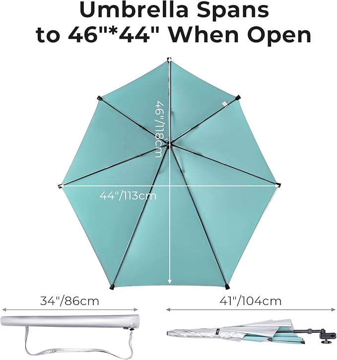 Prospo Adjustable Beach Umbrella with Universal Clamp, Portable UPF 50+ UV Protection Umbrella for Chair, Wheelchair, Golf Cart, Stroller, Bleacher, Patio