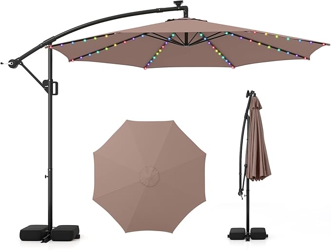 HAPPYGRILL 10 FT Offset Hanging Umbrella with Multi-Colored Flowing LED Lights, 9 Light Modes, Outdoor Patio Cantilever Umbrella with Base, Easy Tilt, 360° Rotation, Crank
