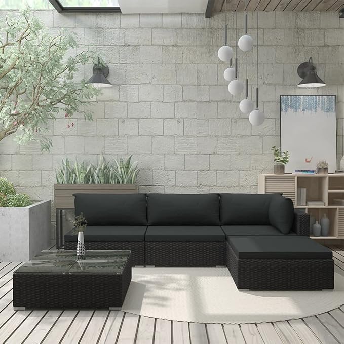 Patio Lounge Set with Cushions,Outdoor Furniture,Outdoor Furniture Sets,Patio Conversation Sets,for Garden,Deck,Backyard,5 Piece Poly Rattan Black