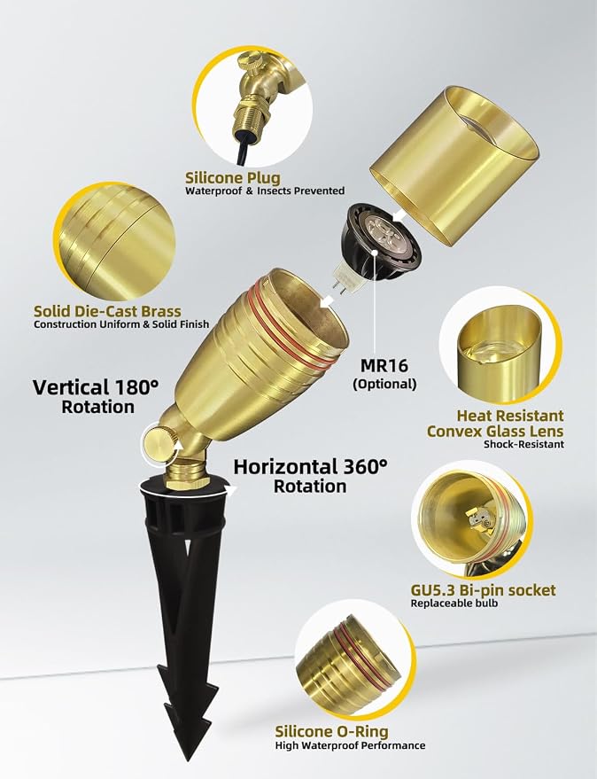 COLOER Die-cast Brass Landscape Spotlight 10-Pack with 5W Aluminum Housing LED MR16 Bulb,12V AC/DC Low Voltage Copper Outdoor Lighting, Directional Garden Patio Spot Up Light (102B Copper Finish)